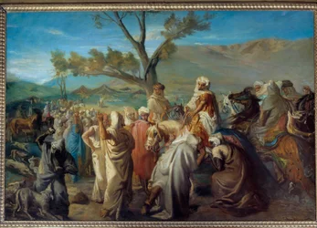 Orientalisme: een caid bezoekt een douar. Marokkaanse chef in een tentenkamp