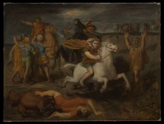 Scène uit de Gallische Oorlogen: de Galliër Littavicus, die de Romeinse zaak verraadt, vlucht naar Gergovia om Vercingetorix te steunen