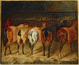 Cinq chevaux vus par la croupe, dans une ecurie - Vijf paarden van achteren gezien in een stal (olieverf op doek)