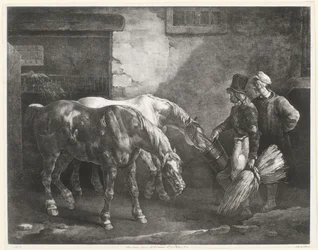 Twee postpaarden bij de deur van een stal (Two Post-Horses at a Stable Door)