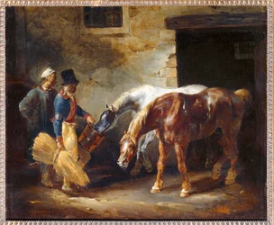 Deux chevaux de poste à la porte d