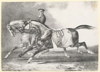 Twee dapple-grijze paarden die worden uitgelaten (Two Dapple-Grays Being Exercised)