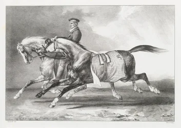 Twee dapple-grijze paarden die worden uitgelaten (Two Dapple-Grays Being Exercised)