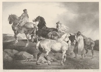 Paarden die naar een kermis worden gedreven