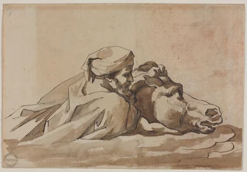 Man die een paard in het water vastgrijpt, naar Poussins Deluge recto, compositiestudie verso, ca. 18e eeuw