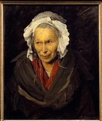 De hyena van de Salpêtrière of monomanie van afgunst. Portret van een oude vrouw met een psychische aandoening. Schilderij van Théodore Géricault (1791-1824), 1822, olieverf, 0,72 x 0,58 m, Lyon, Musée des Beaux-Arts