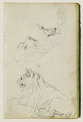 Zittende leeuw, twee studies van leeuwenkoppen