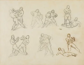 Zeven schetsen van paren boksers
