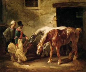 Twee postpaarden bij de deur van een stal