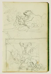 Twee compositiestudies van een leeuwenjacht
