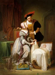 Keizer Karel en zijn maîtresse Johanna Van der Gheynst aan de wieg van hun dochter Margaretha