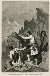 De Montenegrijnse soldaten tijdens de actie in de oorlog van 1876, waarin Servië en Montenegro de oorlog verklaarden aan het Ottomaanse Turkije, tekening van Valerio ter illustratie van de reis naar Montenegro in 1874 door Charles Yriarte (1832-1898).