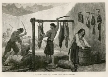 De bereiding van castradina, een specialiteit van gezouten en gerookt schapen- en geitenvlees, tegen het einde van oktober in Dalmatië (Istrië en Herzegovina (Kroatië)), tekening door Valerio ter illustratie van de reis naar Montenegro in 1874 van Charles