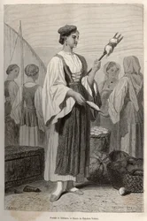 Vrouw van Sebenico (Servië), die spindels gebruikt om wol te spinnen, op het marktplein. Gravure naar de tekening van Theodore Valerio, ter illustratie van een verhaal over Dalmatië, door Charles Yriarte, 1874, gepubliceerd in 