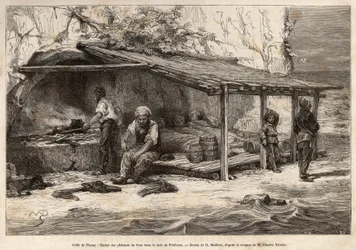 Een tonijnvisserij in de baai van Proelucca, Golf van Fiume (of Rijeka, Istrië), drie vissers slapen nog, gewikkeld in dekens, een ander zal de uitkijk vervangen, een ander zal de keuken voorbereiden en de mos dwaalt aan de voet.
