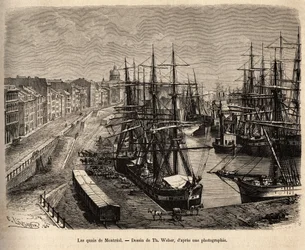 De kades van Montreal. Gravure naar een tekening van Th. Weber.