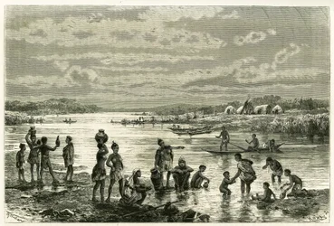 Leven aan de oevers van de Zambeze-rivier, de marutses zijn zeer bezorgd over hun netheid en wassen is voor hen een activiteit van eerste noodzaak. Gravure van Th. Weber, ter illustratie van het verhaal 