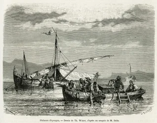 Sponsvissers in de Golf van Nafplio, tekening van Th. Weber, ter illustratie van het verhaal van een reis naar Griekenland in 1861, 1868 en 1874, door Henri Belle. Gravure in 