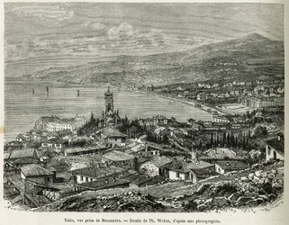 De stad Jalta, genomen vanuit Massandra, tekening door Th. Weber, ter illustratie van het verhaal Vier Maanden in Rusland, in 1876, door F. De Mely. Gravure in Le tour du monde.