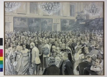 Keizer Franz Joseph begroet Francisca gravin Sternberg-Larisch en Maria Theresia gravin Harrach Taxis