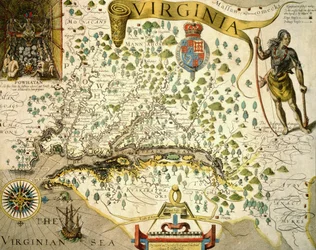 Kaart van Virginia, met linksboven een afbeelding van Chief Powhatan door John Smith (1580-1631) 1624 (handgekleurde gravure)
