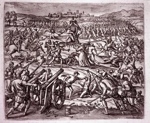 Een Dominicaanse monnik, zich bespot voelend door de Inca-koning Atahualpa, moedigt Francisco Pizarro aan om wraak te nemen (Gravure)