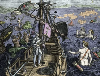 Allegorie van de reizen van Christopher Columbus (1451-1506), gravure uit 