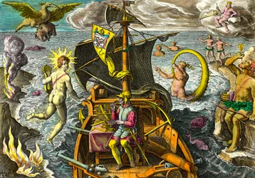 Allegorie over de reizen van de navigator Fernand de Magellan, afgebeeld op zijn schip met een armillairsfeer en omringd door mythologische figuren en fantastische dieren. Gravure uit "Admirante Narratio Americae" door Theodore de Bry