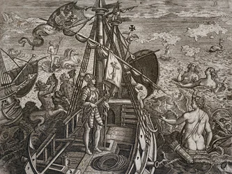 Allegorie van de reis van Christoffel Columbus naar de ontdekking van de Nieuwe Wereld, gravure van Theodor de Bry (1528-1598)