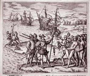 Aankomst van Christoffel Columbus op het eiland Hispaniola in de West-Indië (Gravure)