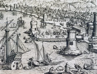 Aankomst van Girolamo Benzoni in de haven van La Palma (gravure)