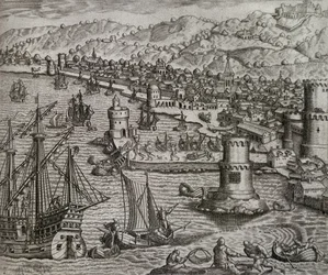 Aankomst van Girolamo Benzoni in de haven van Las Palmas tijdens zijn reis naar Amerika, Canarische Eilanden, gravure door Theodor de Bry