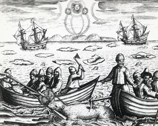 Aurora borealis en ijsberenjacht tijdens de derde expeditie geleid door Willem Barentsz in 1596, gravure
