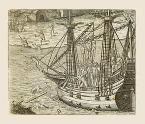 Bartolomeo Diaz hangt enkele Indianen op aan een karveel, gravure door Theodor de Bry (1528-1598) uit Americae pars quarta, sive, Insignis et admiranda historia de reperta primum Occidentali India Christophoro Columbo, door Girolamo Benzoni