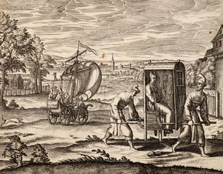 Chinese draagstoel, Oost-Indië, gravure uit werk door Theodor de Bry, China