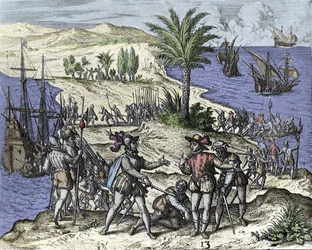 Christoffel Columbus en zijn broer werden in 1500 gearresteerd door Francisco de Bobadilla. Gravure van Théodore de Bry (1528-1598).