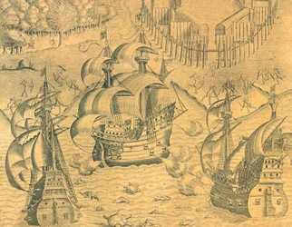 Botsing tussen Franse en Portugese schepen in de Atlantische Oceaan om bezit van Brazilië