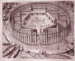 Verdedigingssysteem van de indianenhutten door een dubbele rij boomstammen eromheen te planten. De afgehakte hoofden van vijanden worden bovenop geplaatst (Gravure)