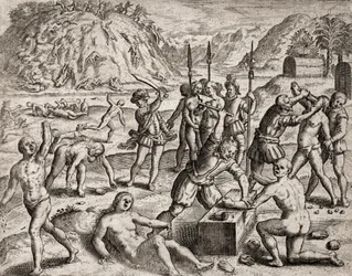 Beschrijving van misdaden begaan tegen Indianen door Spaanse kolonisten - Conquistadores die een Indiaans dorp afslachten. Amputaties van handen - Gravure door Theodore de Bry in "Narratio regionum indicarum per Hispanos quosdam devastatarum verissima" doo
