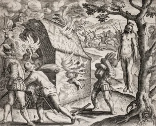 Beschrijving van misdaden begaan tegen Indianen door Spaanse kolonisten - Brand van een Indiaans dorp door de conquistadores. Ophanging - Gravure door Theodore de Bry in 