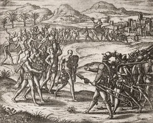 Beschrijving van misdaden begaan tegen Indianen door Spaanse kolonisten - Indianen brengen geschenken en goud naar de Conquistadores - Gravure door Theodore de Bry in 
