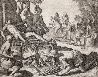 Beschrijving van misdaden begaan tegen Indianen door Spaanse kolonisten - Scène van marteling van Indianen door Spaanse Conquistadores. Marteling op een grill, amputatie van handen - Gravure door Theodore de Bry in 