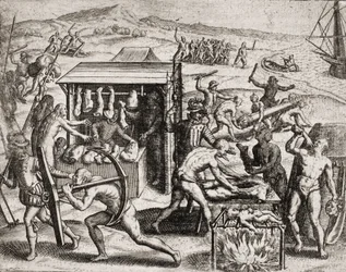 Beschrijving van misdaden begaan tegen Indianen door Spaanse kolonisten - Spaanse conquistadores die Indianen aan het werk zetten en hen mishandelen - Antropofage Indianen - Gravure door Theodore de Bry in 