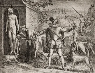 Beschrijving van misdaden die Spaanse kolonisten Indigenen aandeden - Spaanse conquistadores die inheemse vrouwen en kinderen afslachten. Ophangingen. Kinderen voor de honden geworpen - Gravure van Théodore de Bry in «Narratio regionum Indicarum per
