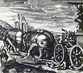 Toegewijden worden verpletterd door wagen tijdens processie van idool, door Theodor de Bry, gravure