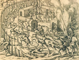 Europese veroveraars vallen een Indiaans dorp aan, Illustratie uit Amerikaanse Geschiedenis door Theodore de Bry