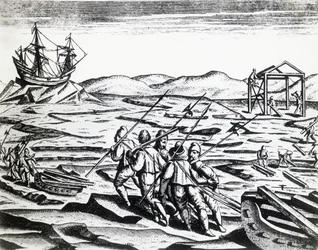 Expeditie geleid door Willem Barentsz op zoek naar de Noordoostelijke Doorvaart, uit Peregrinationes, gravure