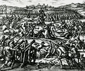 Troepen van Francisco Pizarro nemen Inca-keizer Atahualpa gevangen tijdens de Slag bij Cajamarca, 16 november