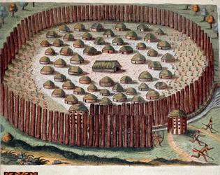 Geschiedenis van Amerika: voorstelling van een Indiaans dorp in Florida. Gravure uit 