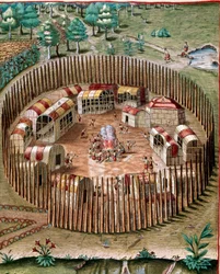 Geschiedenis van Amerika: "Voorstelling van de versterkte stad Pomeiock of Pomeiooc in Virginia in 1585" Gravure uit "Admirante Narratio Americae" door Theodore de Bry (1528-1598)